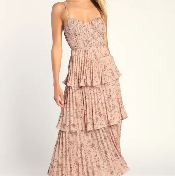 Lulus Dresses & Skirts - Lulu's Cascading Crush blush pink floral tiered sleeveless bustier midi dress